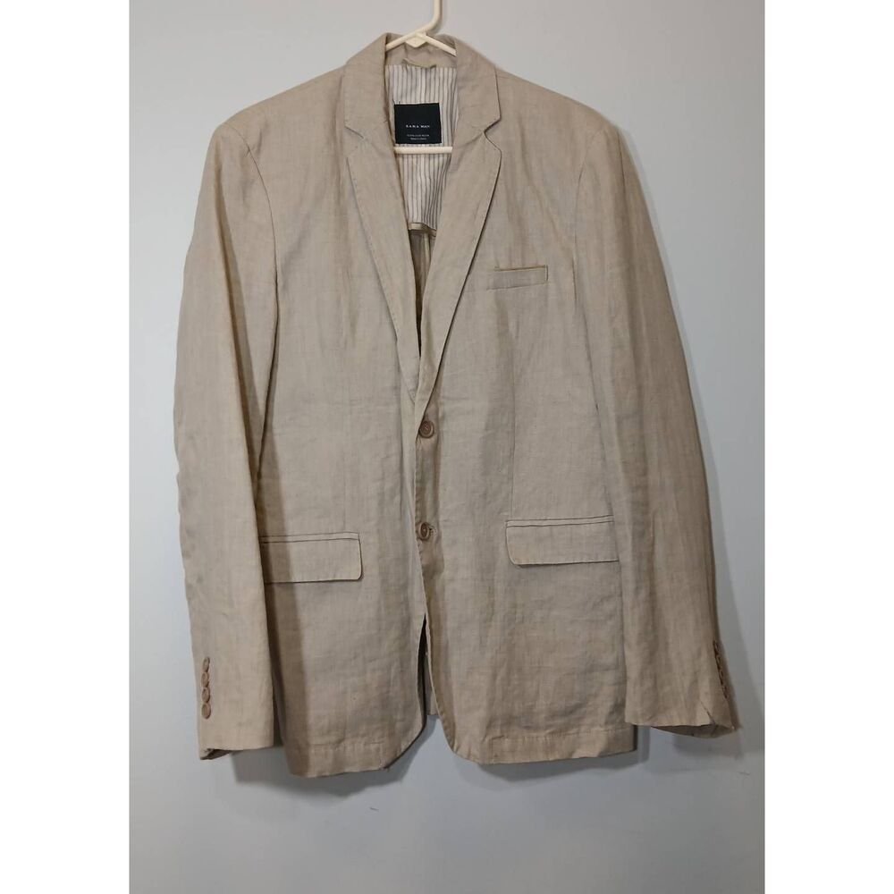 Zara mens 38R blazer 100% linen tan sandy beige spring summer